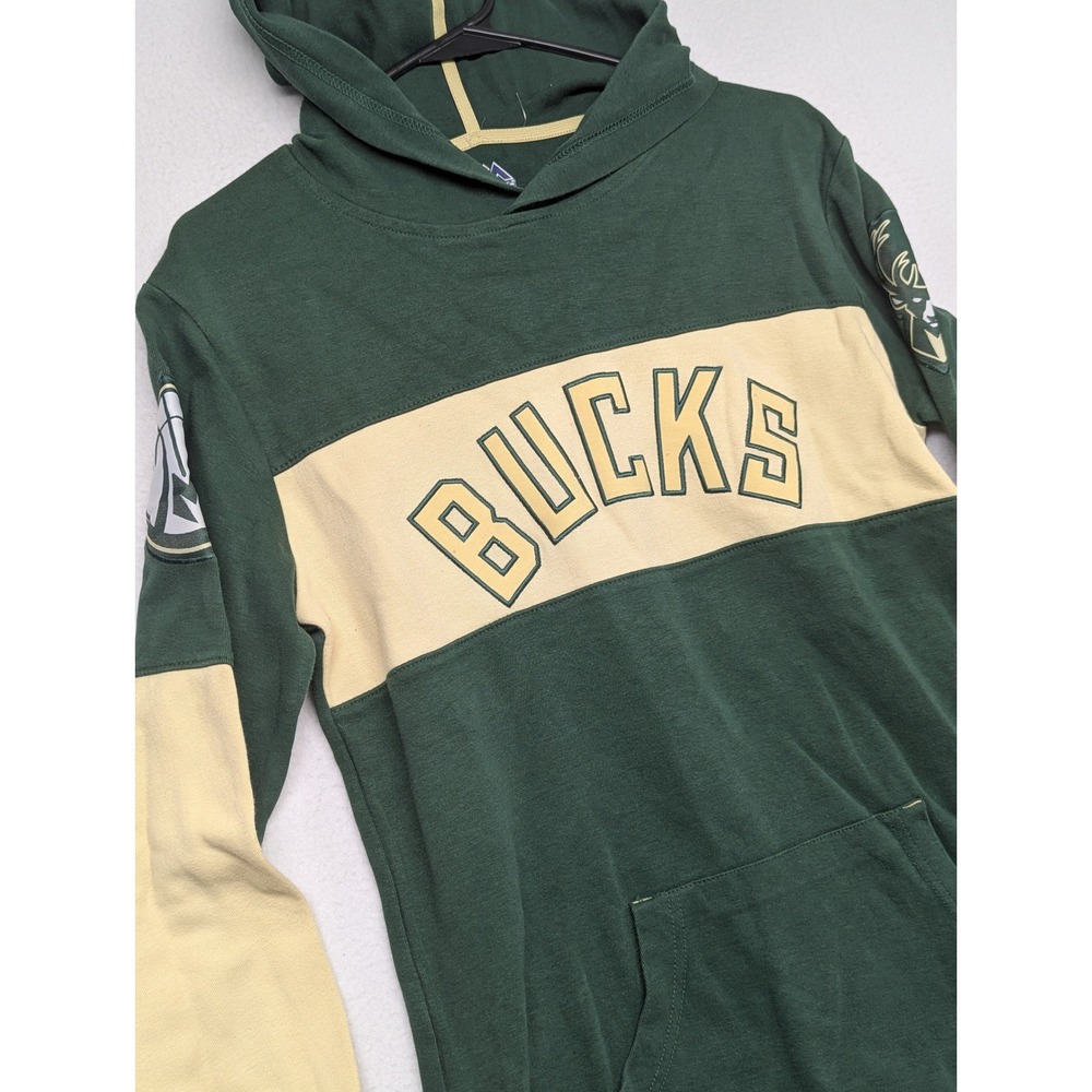 Majestic Milwaukee Bucks Mens Small Green Cream Hooded Long Sleeve Shirt NBA